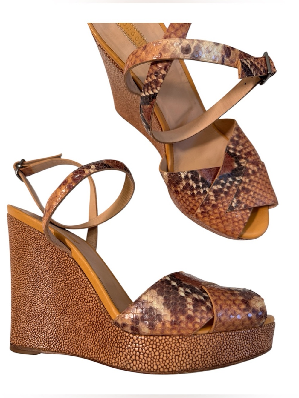 Longchamp Tan Brown Snake Print Leather Wedge Sandals Womans 6.5 Peep Toe Luxury